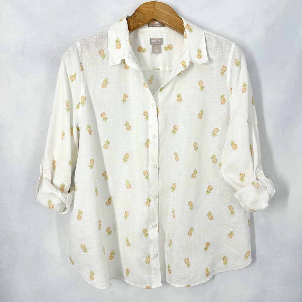 Chico's Size 2.5 Linen Pineapple Print White Button Down Women's Size 14